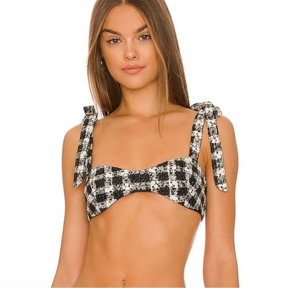 Lovers and Friends Revolve Bralette Size Small Black White Gingham Tie Straps